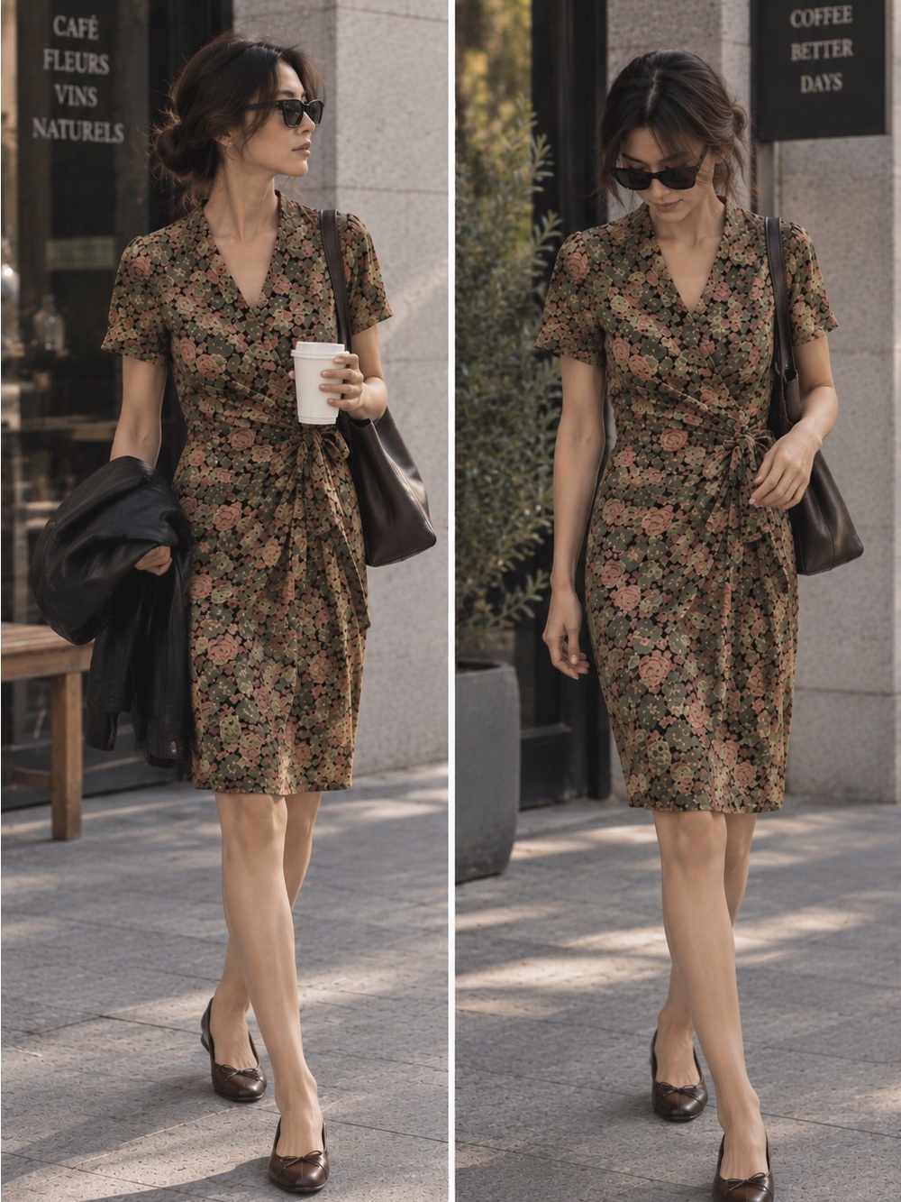 American Vintage Floral Wrap Dress in Olive Green and Dusty Rose